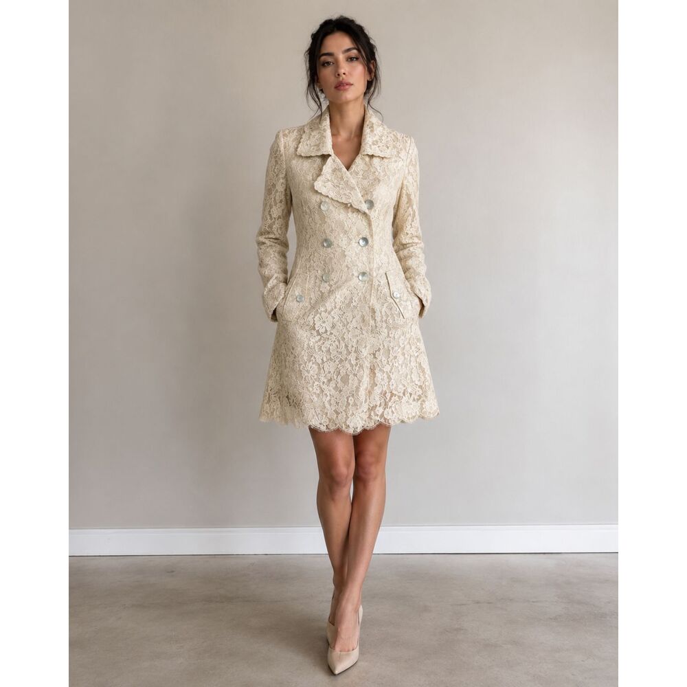 Vintage Y2K Ivory Lace Trench Style Coat Romantic Coquette Bridal Size 8